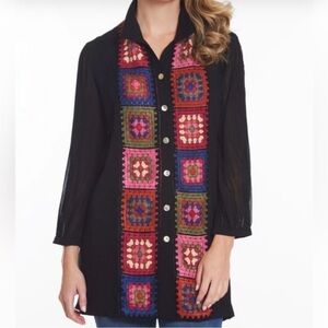John Mark Bohemian Button-Up Blouse with Crochet Detail Black Pink XS